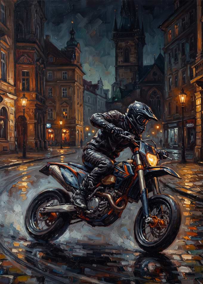 Motorcyclist Riding Through Rainy European City