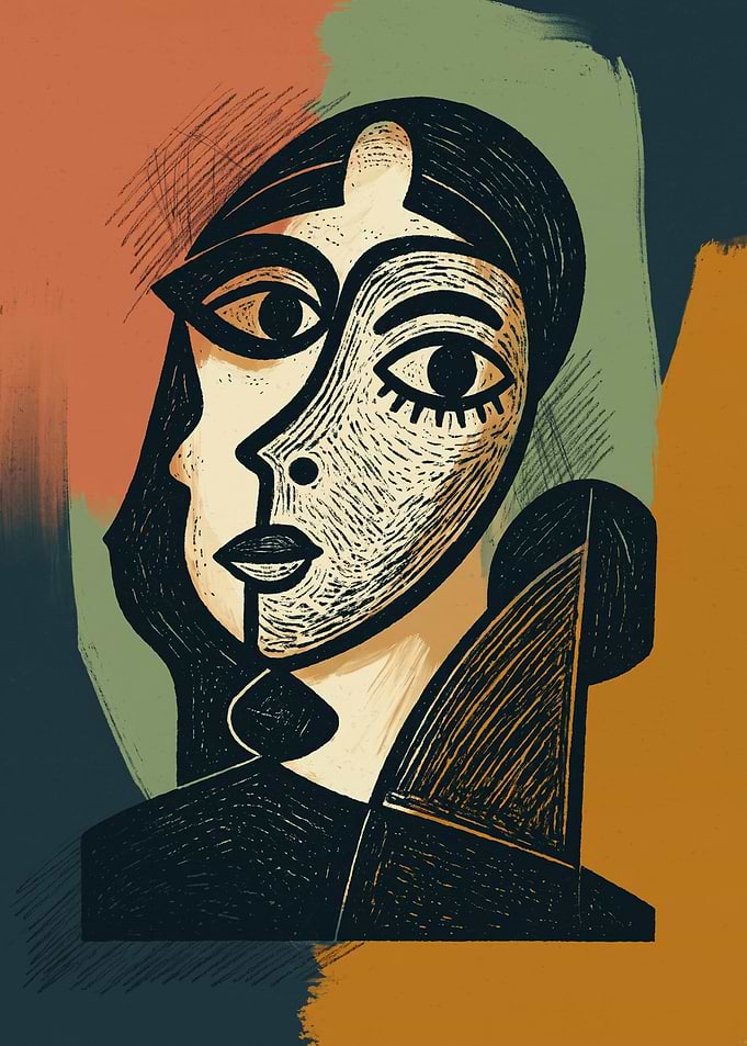 Cubist Woman Portrait Art Abstract Linocut
