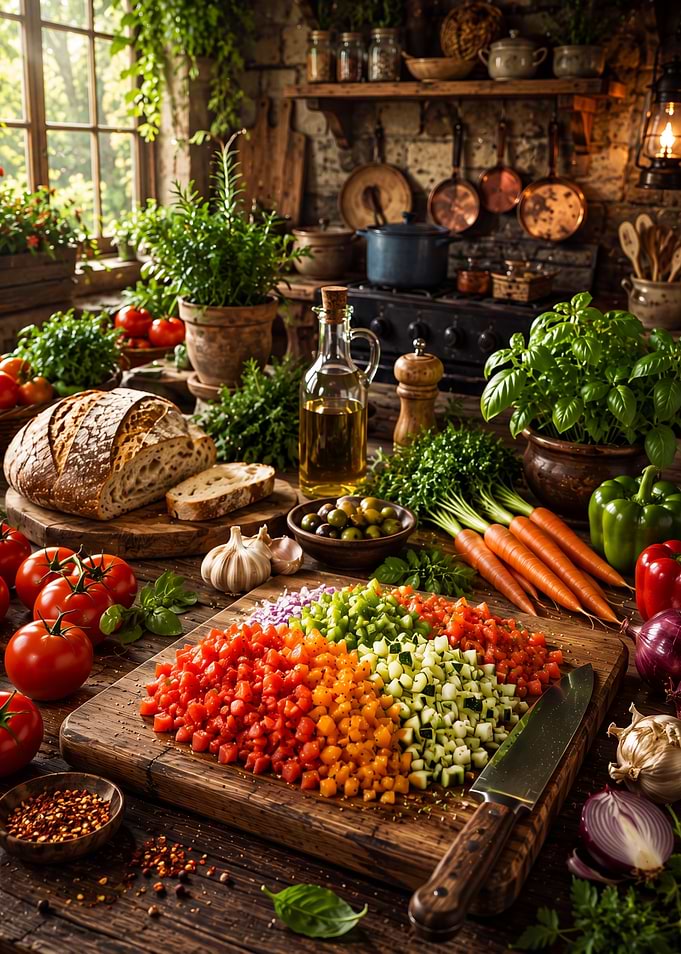 Rustic Kitchen Vegetable Preparation Scene