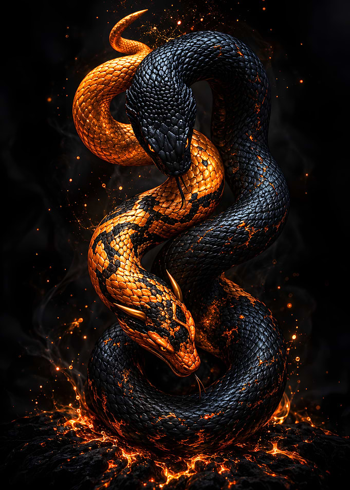 Intertwined Black and Gold Snakes