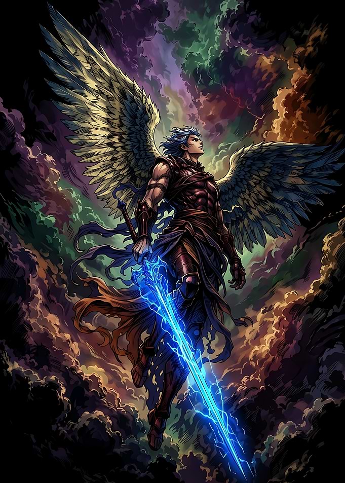 Winged Warrior with Glowing Blue Sword