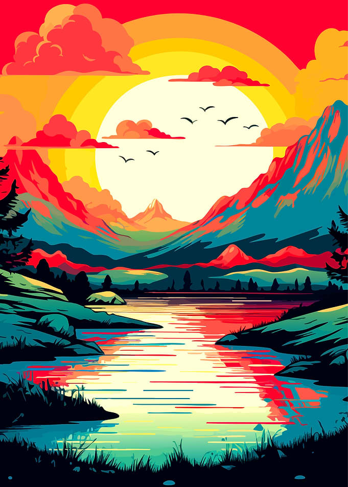 Vibrant Colorful Mountain Lake Sunset