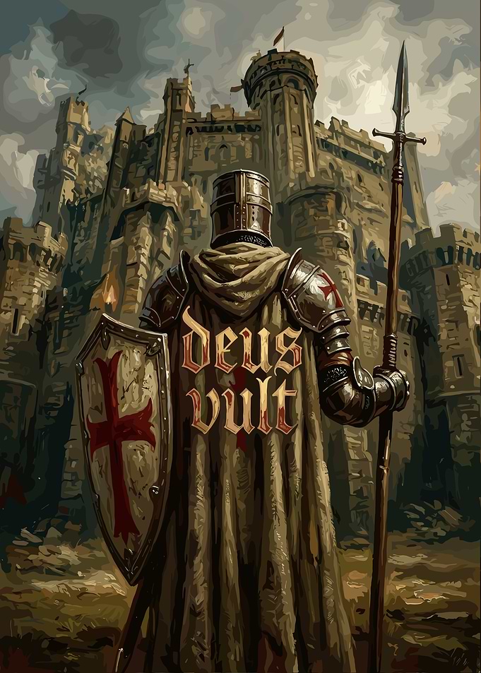 Crusader Knight Before Medieval Castle