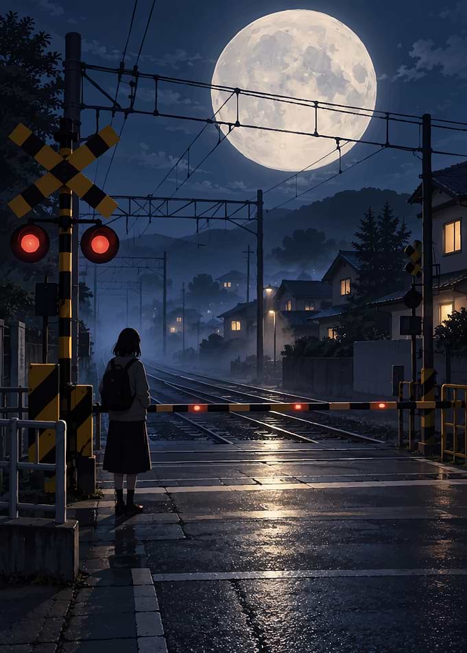 Girl Waiting at Railway Crossing