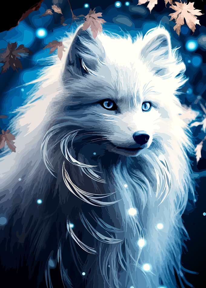 Mystical White Fox in Blue Forest