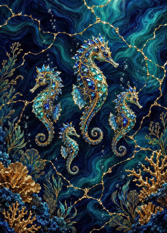 Four Jeweled Seahorses of Marine Life