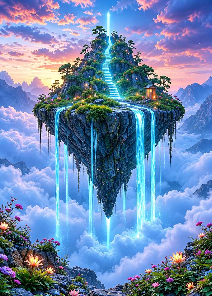 Floating Island with Glowing Waterfall