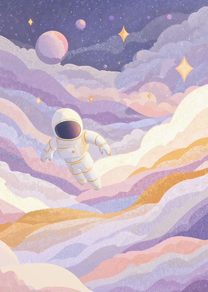 Astronaut Drifting Through Pastel Cosmic Cloud Dreamscape
