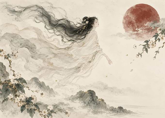 Ethereal Goddess Floating Under Red Moon