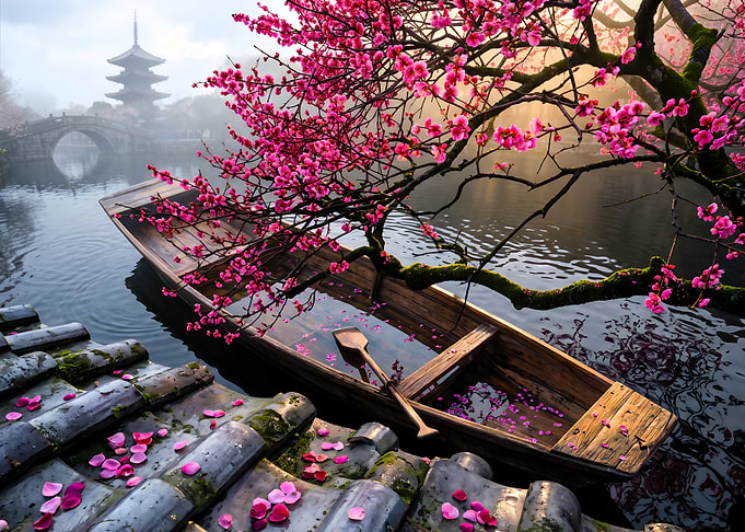 Serene Japanese Garden with Boat