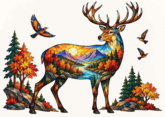 Stained Glass Deer Nature Scene