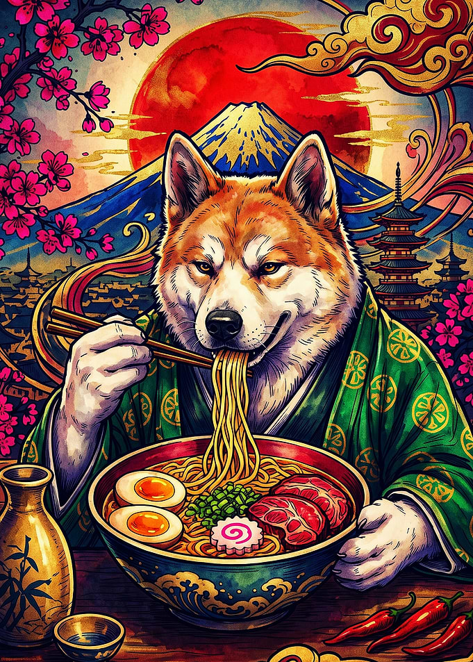 Shiba Inu Eating Ramen Illustration