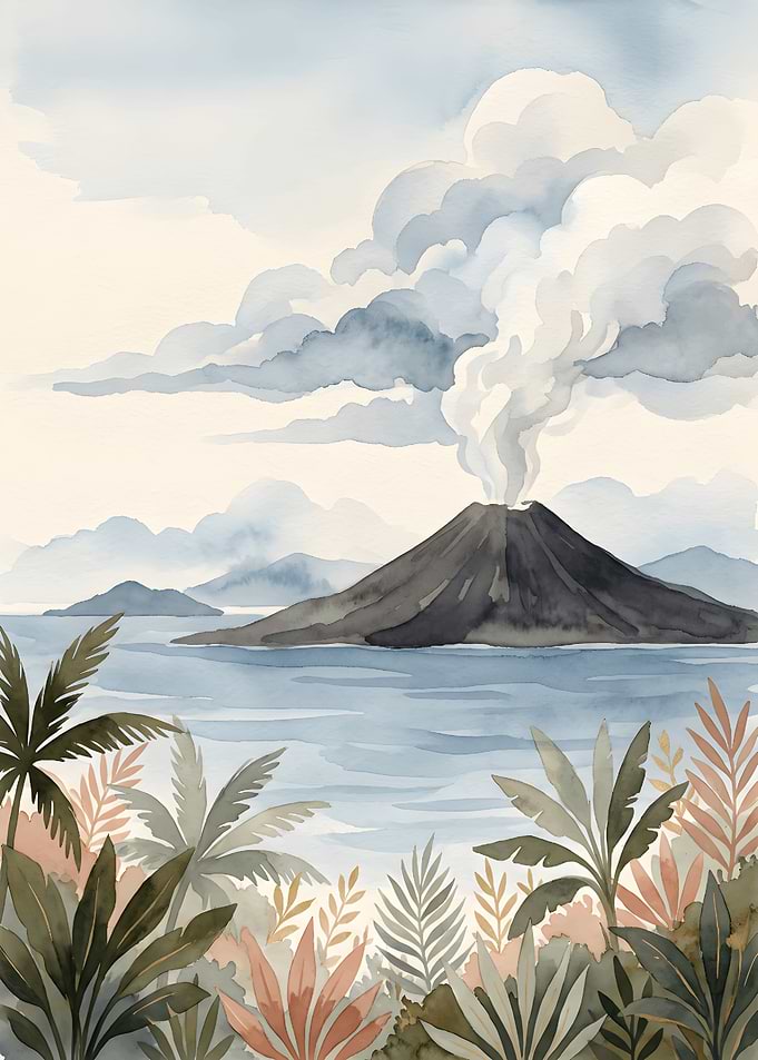 Watercolor Tropical Volcano Landscape