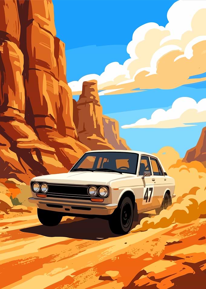 Vintage Rally Car in Desert Canyon