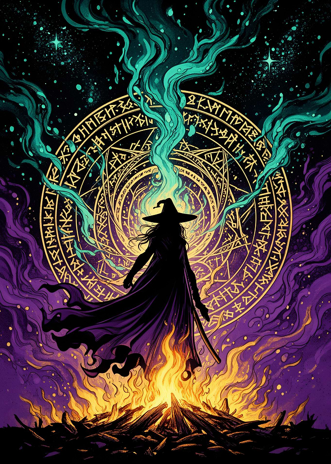 Witch Casting Magic Spell at Bonfire