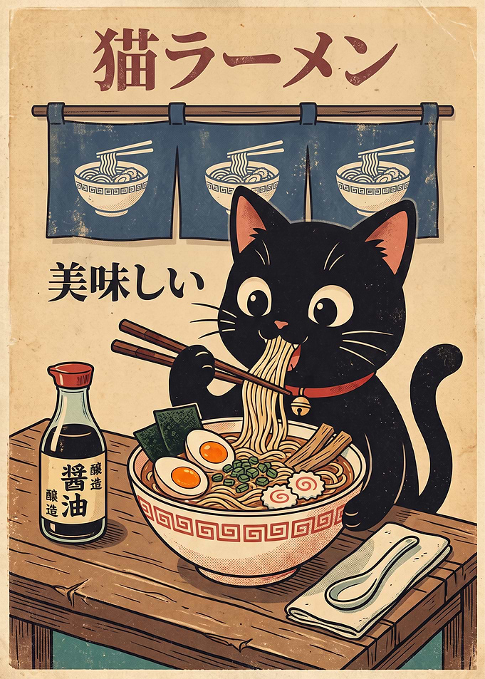 Vintage Style Cat Eating Ramen Poster