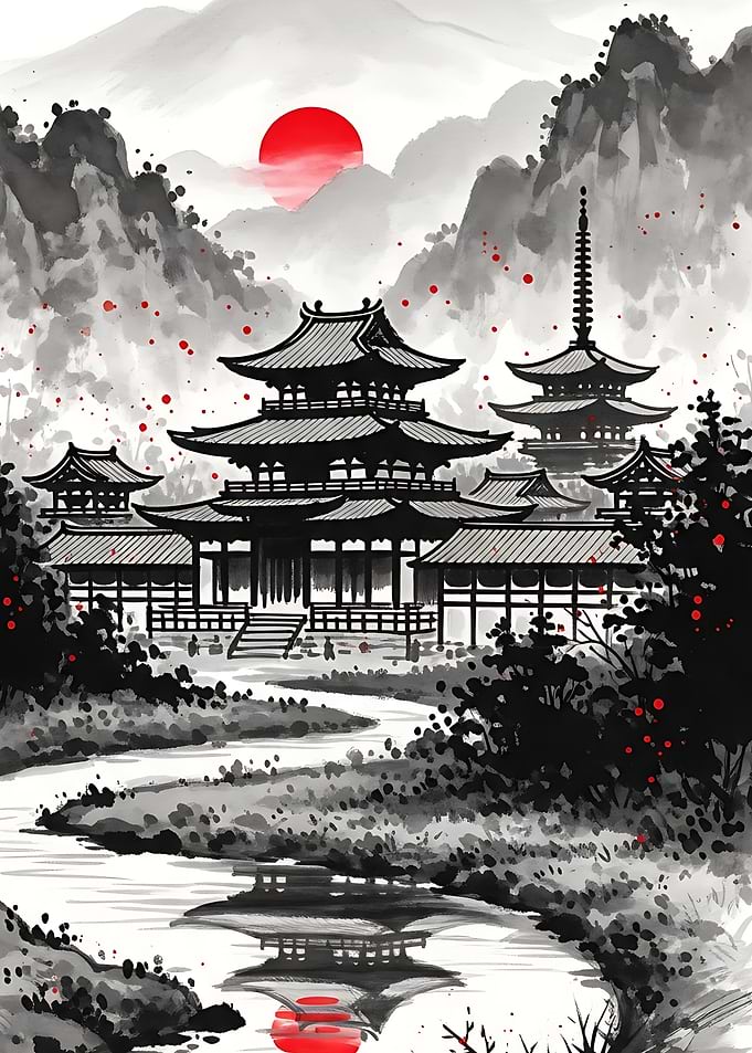 Traditional Japanese Temple Ink Wash Painting
