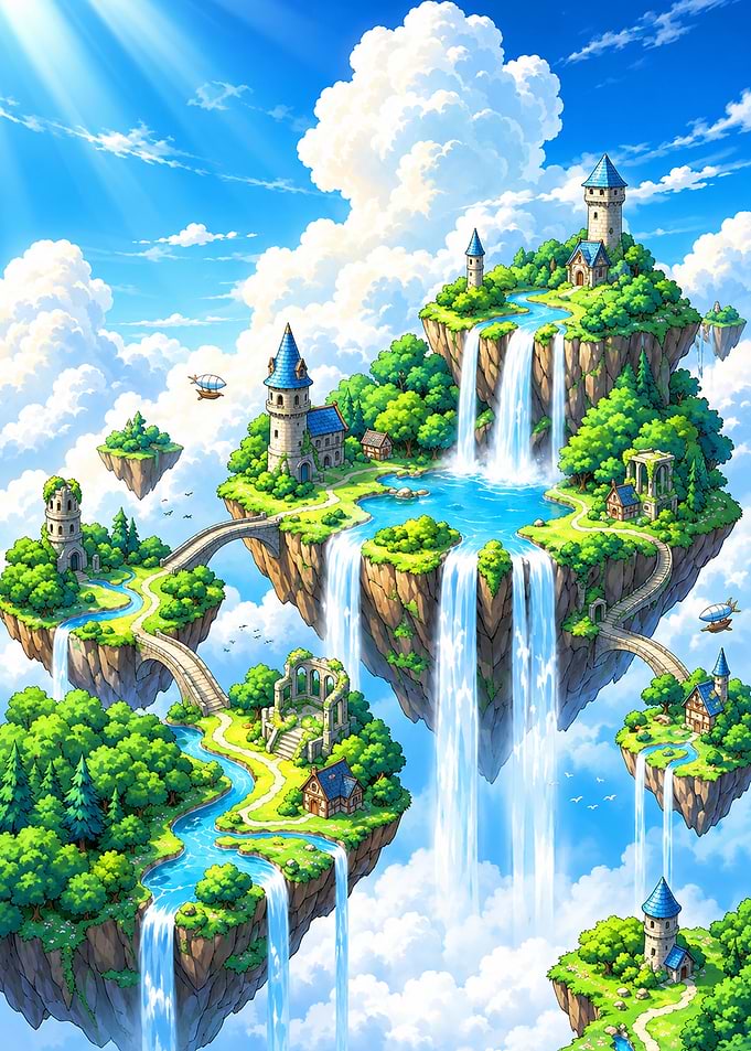 Floating Fantasy Islands with Waterfalls