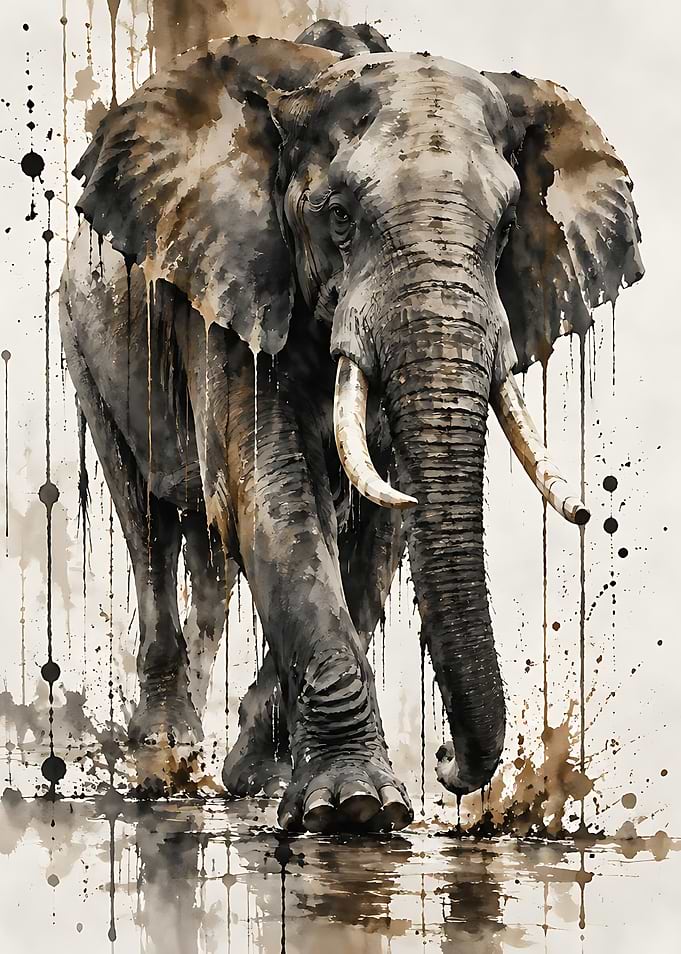 Watercolor Splatter African Elephant Portrait