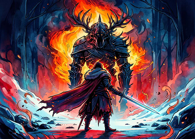 Knight Facing Fiery Antlered Demon