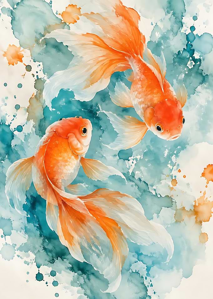 Watercolor Goldfish Swimming in Blue