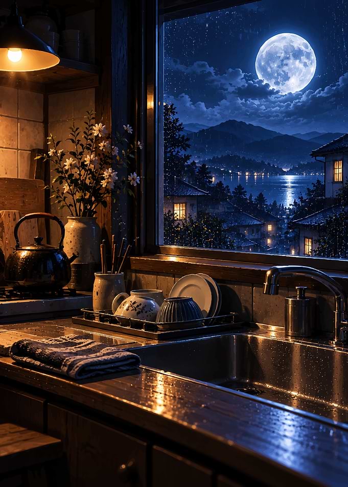 Cozy Kitchen View of Full Moon