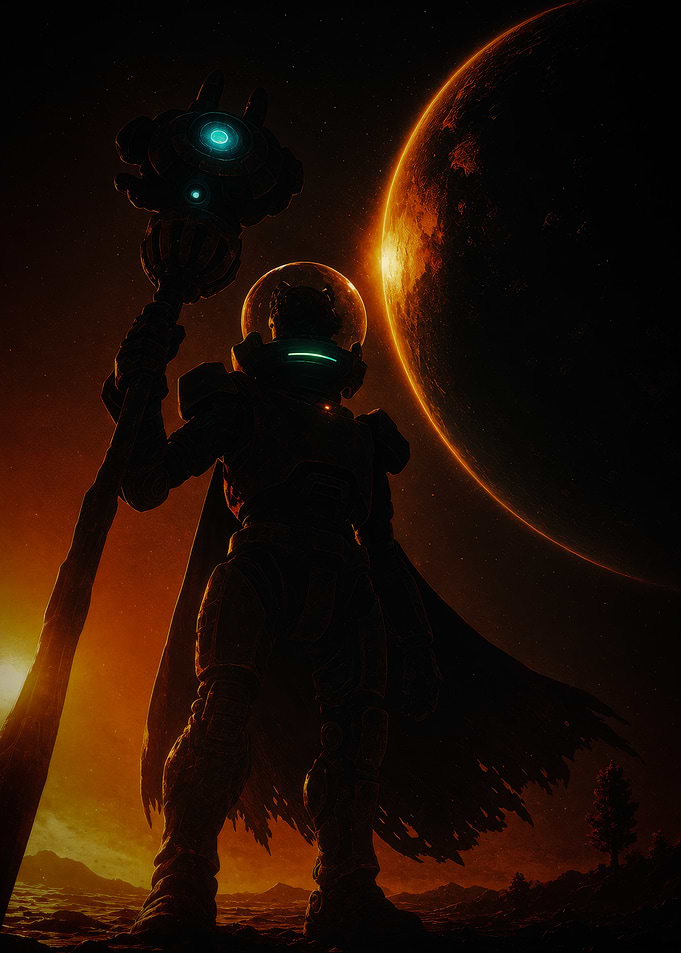 Astronaut Wizard Standing on Alien Planet