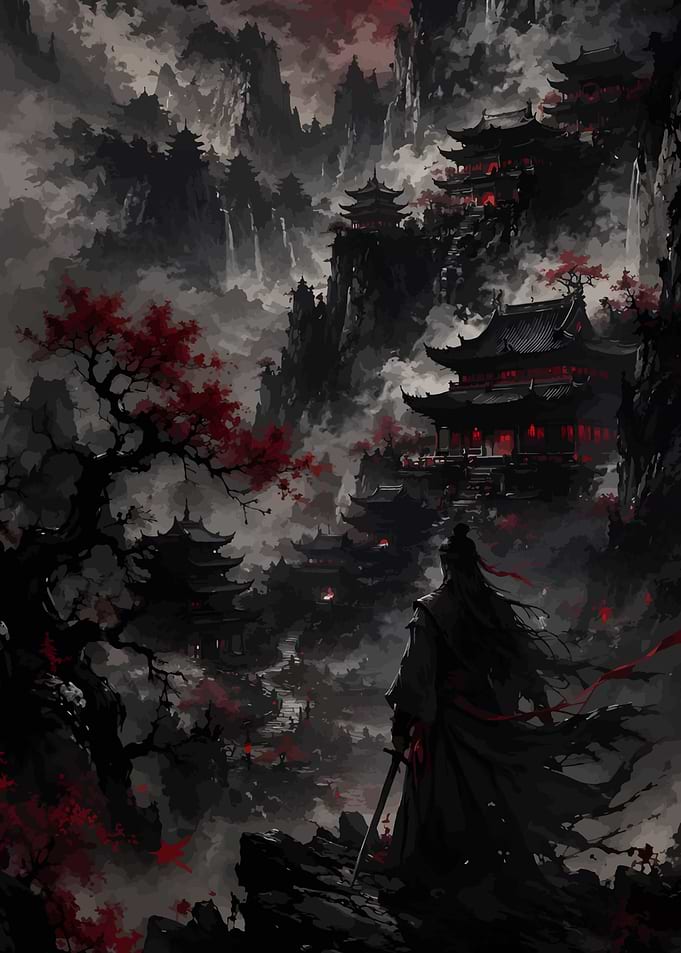 Warrior overlooking a dark mountain temple