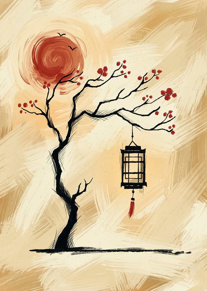 Cherry Blossom Lantern Japanese Nature Ink Brush Painting