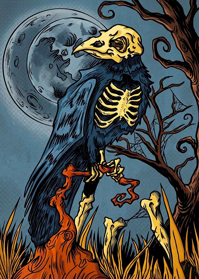 Gothic Skeleton Crow Dark Moon Art