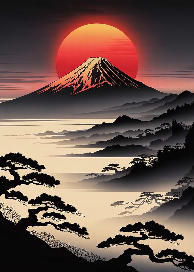 Mount Fuji Silhouette at Sunset with Japanese Pine Trees