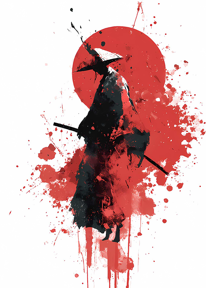 Watercolor Samurai Silhouette with Red Sun