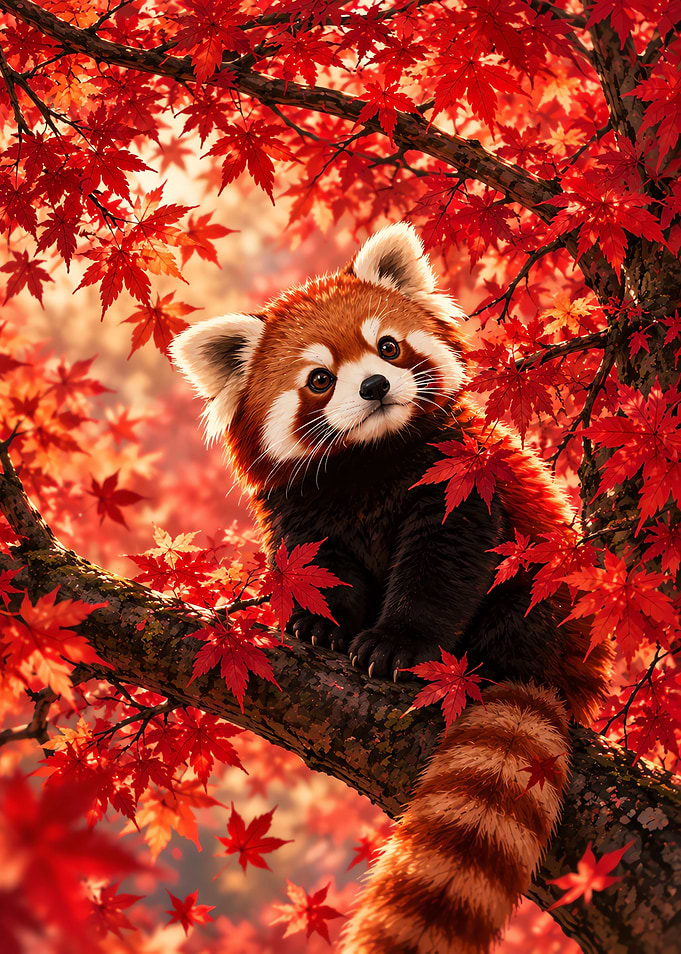 Red Panda in Autumn Maple Tree