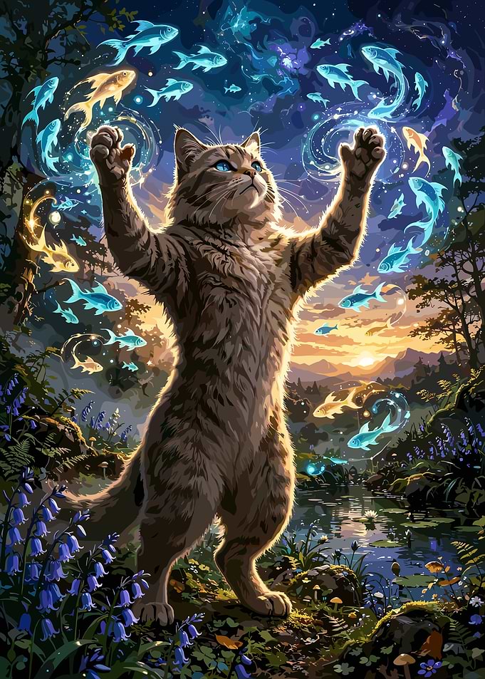 Magical Cat Summoning Glowing Fish