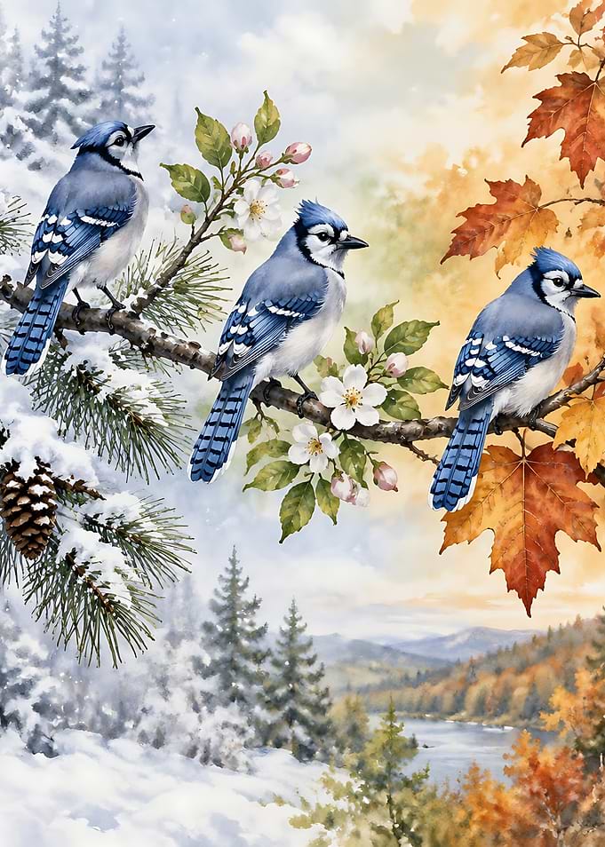 Three Blue Jays in Seasonal Transition