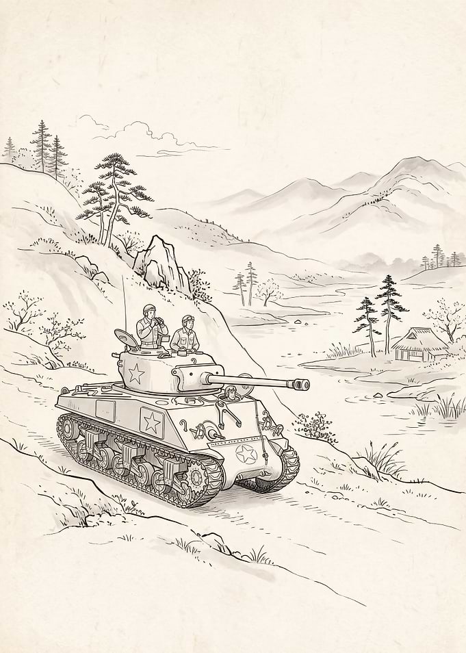 Sherman Tank in Traditional Ink Landscape