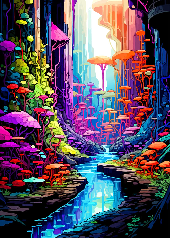 Vibrant Bioluminescent Alien Forest Stream