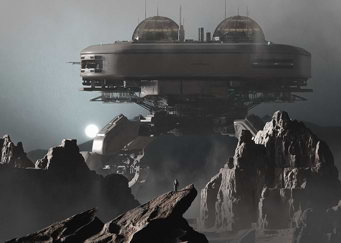 Astronaut Observing Massive Alien Walker