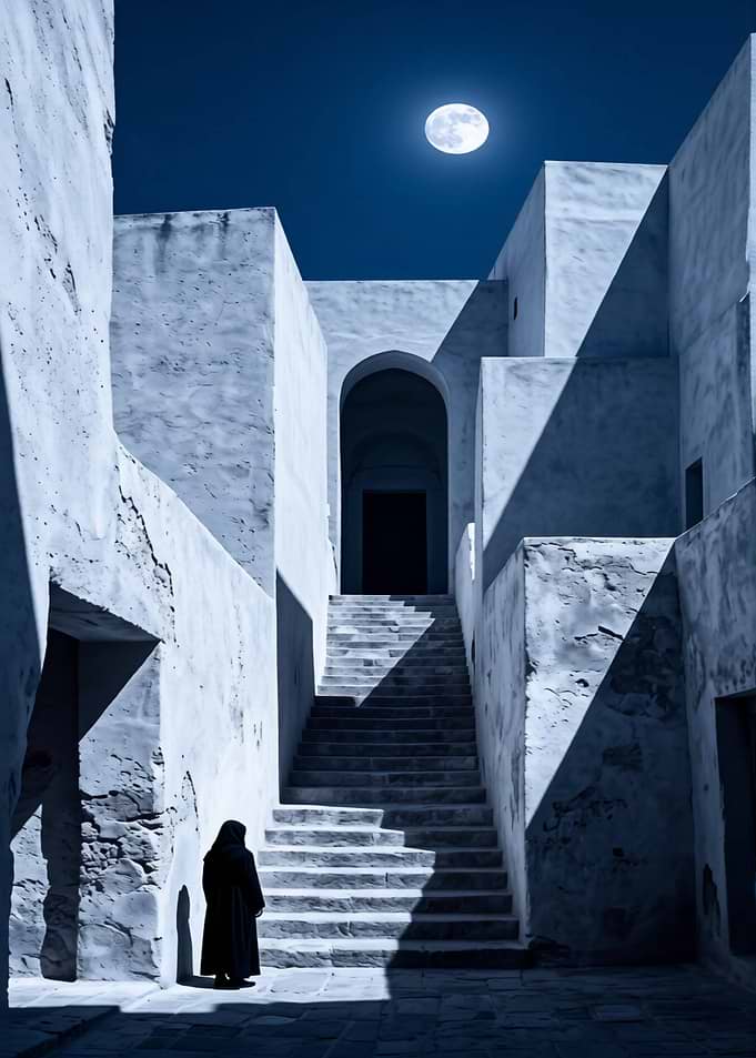 Lone Figure Before Ancient Stone Stairs
