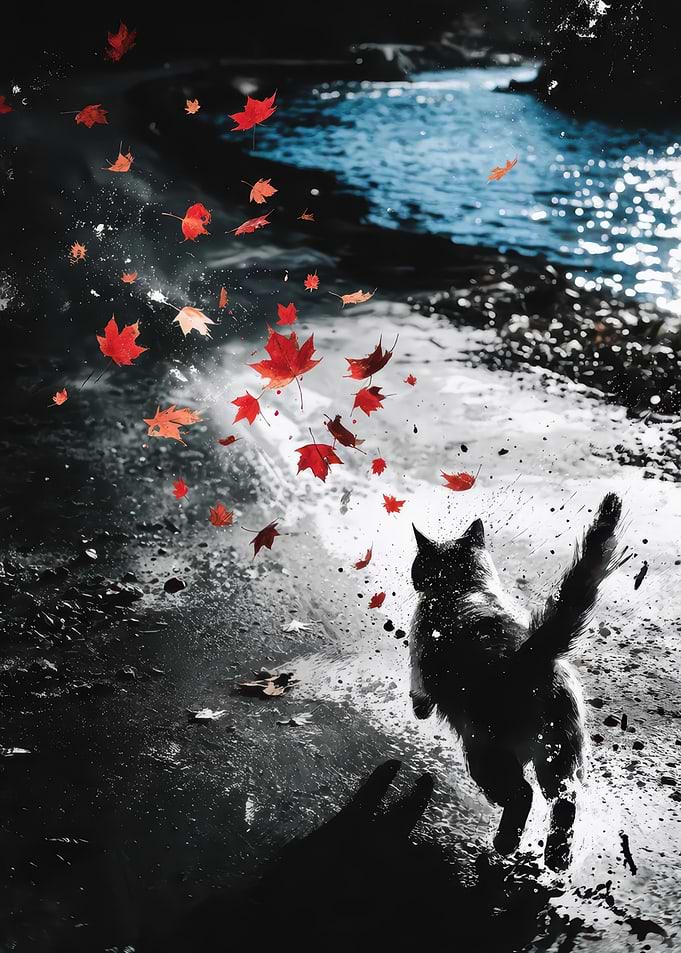 Cat Chasing Autumn Leaves