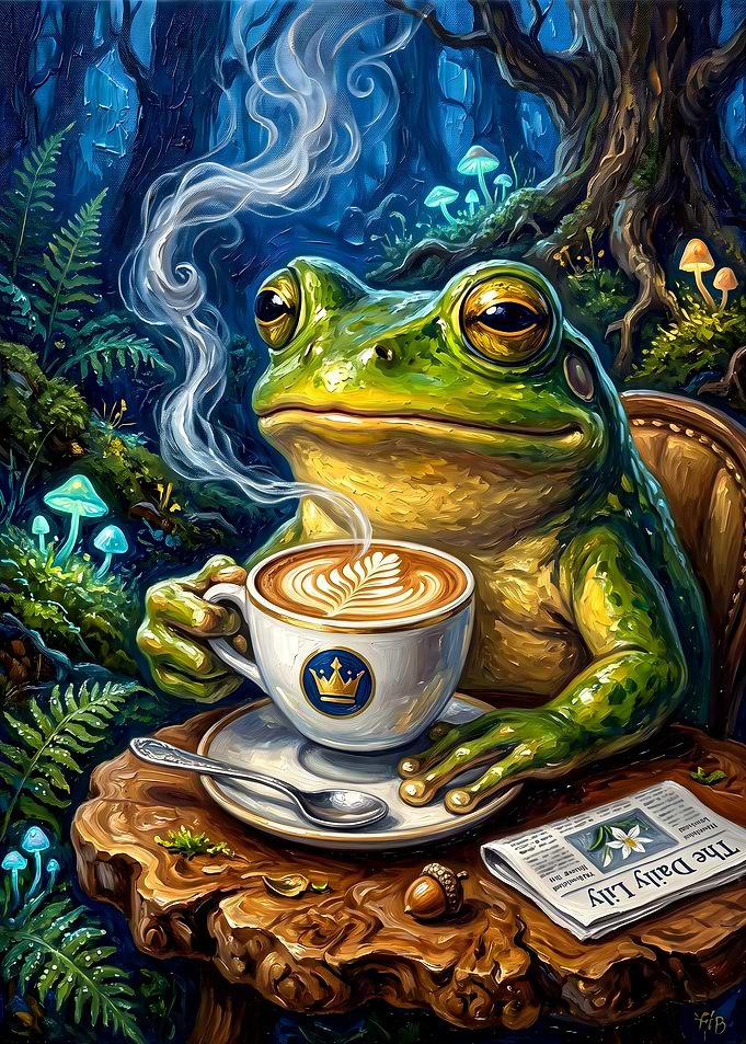 Frog Enjoying Morning Coffee in Forest