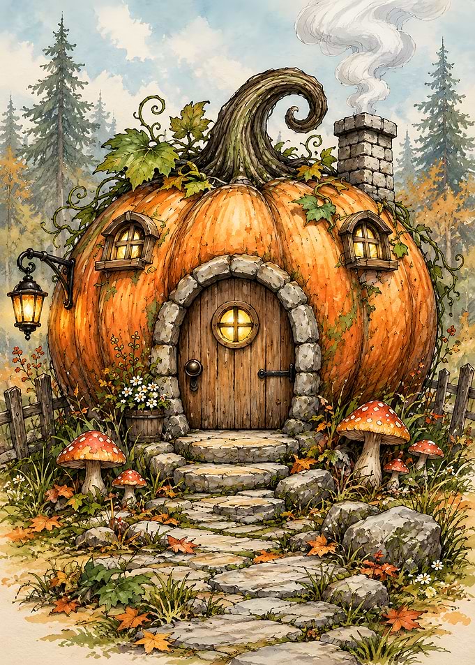 Whimsical Pumpkin House in Autumn Forest