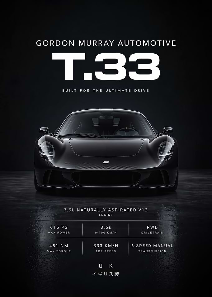 black Gordon Murray Automotive T.33 Supercar Poster