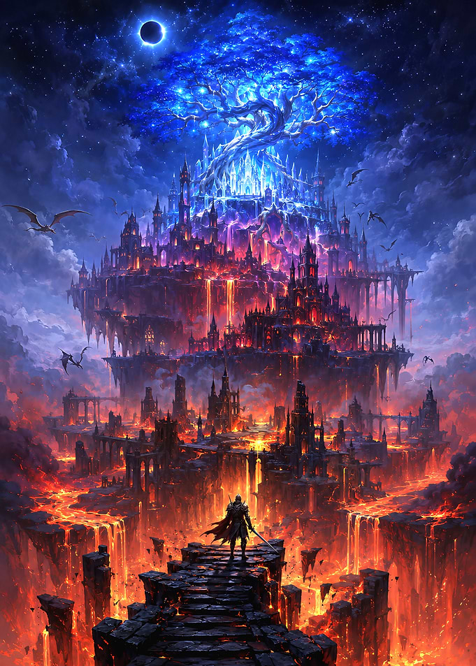 Warrior Facing a Fiery Fantasy Kingdom