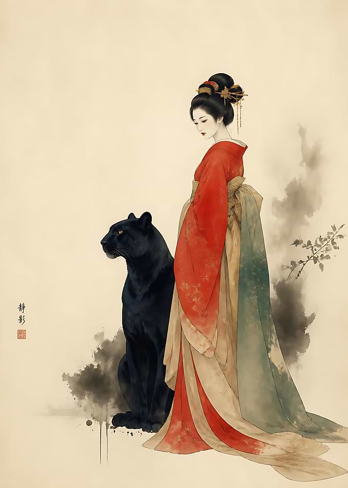 Geisha with Black Panther Painting