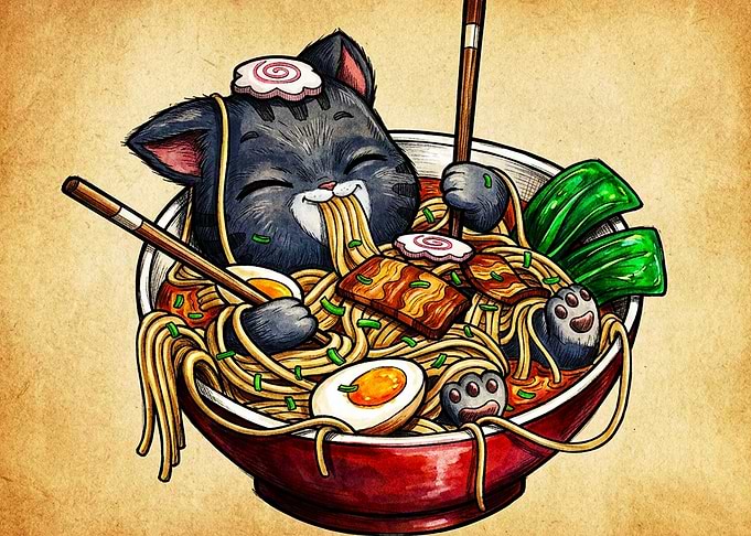 Cute Cat Eating Ramen Bowl Illustration