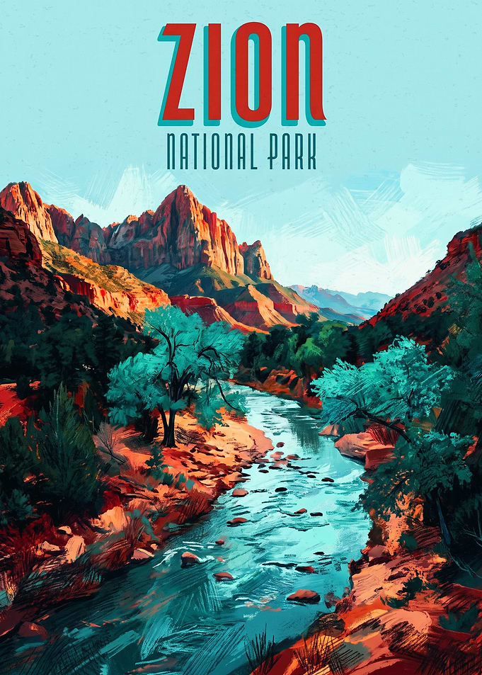 Zion National Park Travel Vintage Painterly Poster