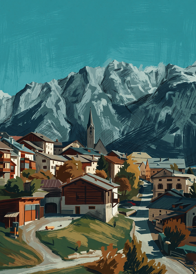 Alpine Village Mountain Landscape Gouache Illustration