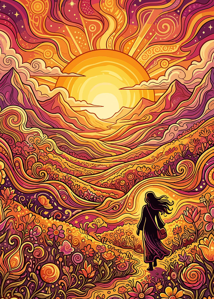 Psychedelic Sunset Landscape with Woman