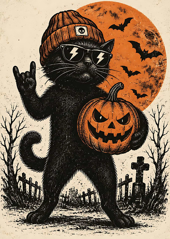 Cool Rocker Black Cat Halloween Illustration